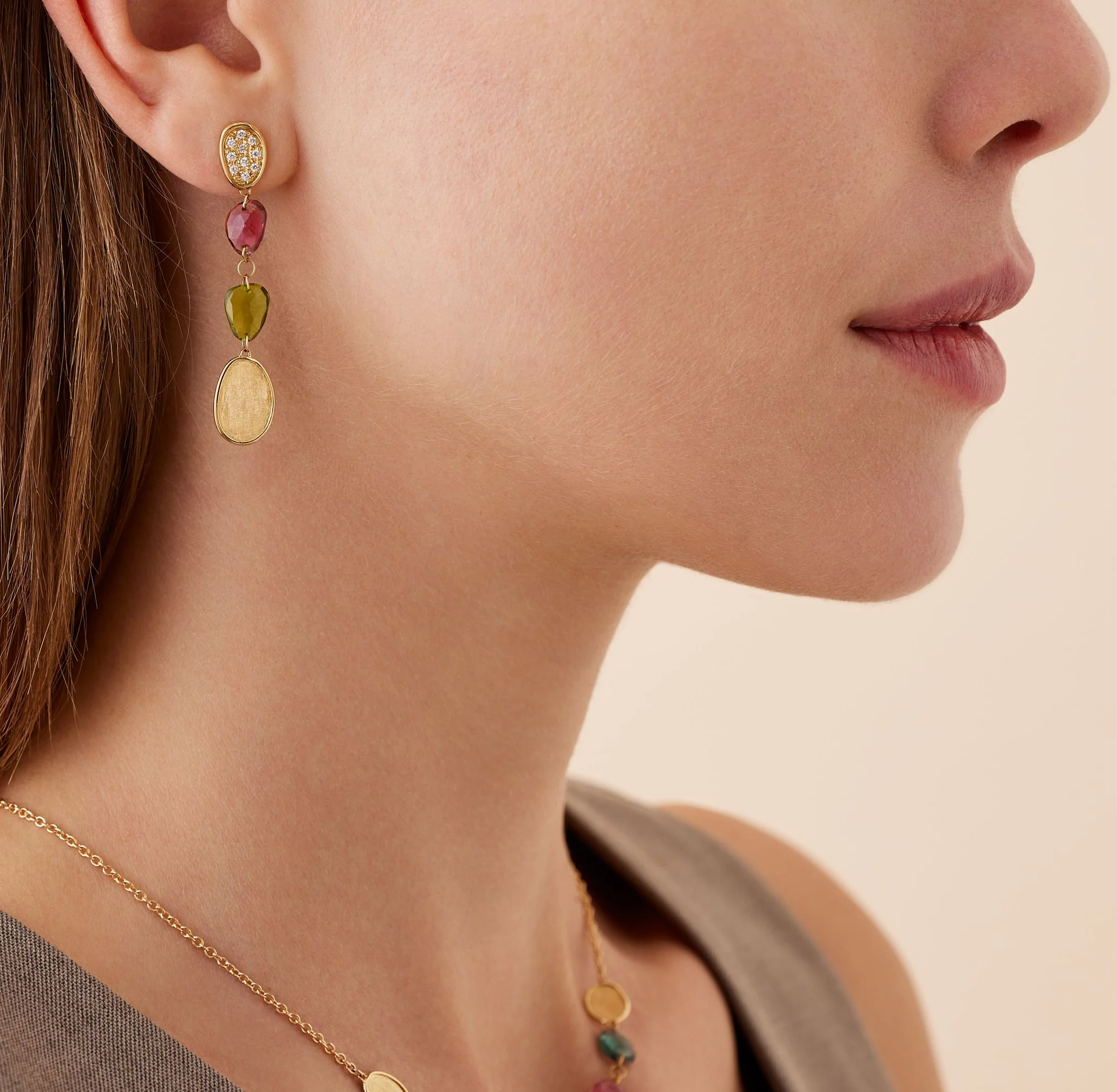 Marco Bicego Lunaria Tourmaline Multicolor and Diamond Cluster Dangle Earrings - Image 3