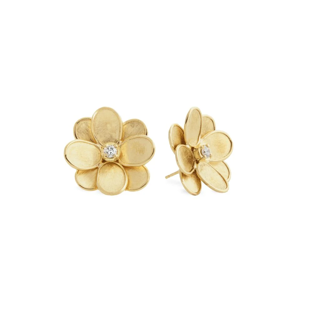 Marco Bicego Petali 18K Yellow Gold Hand-Engraved Flower Stud Earrings with Diamond Accents