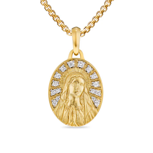 Mary Amulet in 18K Yellow Gold with Diamonds, 20mm