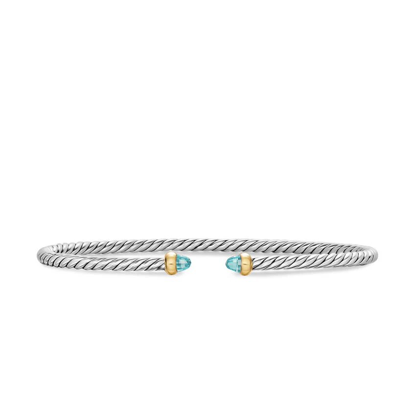 Micro Cable Flex Cuff in Sterling Silver with 14K Yellow Gold and Aquamarine, 2.6mm, Size Medium
