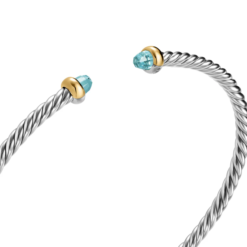 Micro Cable Flex Cuff in Sterling Silver with 14K Yellow Gold and Aquamarine, 2.6mm, Size Medium - Image 2