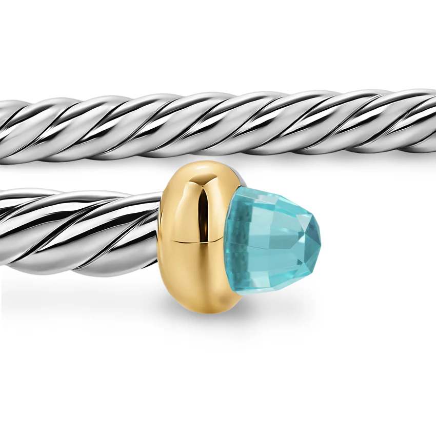 Micro Cable Flex Cuff in Sterling Silver with 14K Yellow Gold and Aquamarine, 2.6mm, Size Medium - Image 3