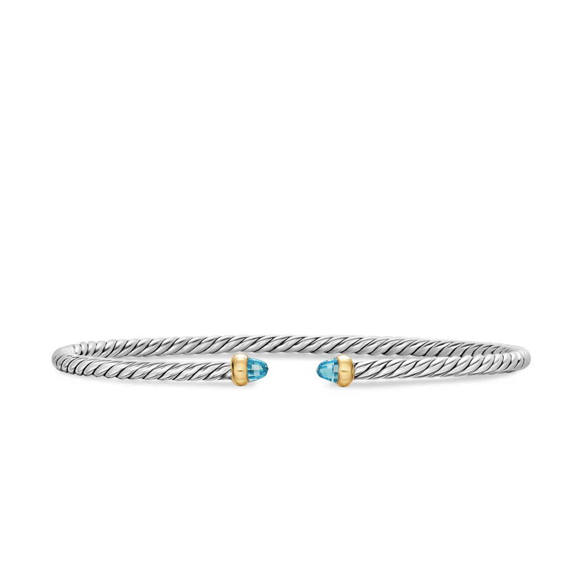 Micro Cable Flex Cuff in Sterling Silver with 14K Yellow Gold and Blue Topaz, 2.6mm, Size Small