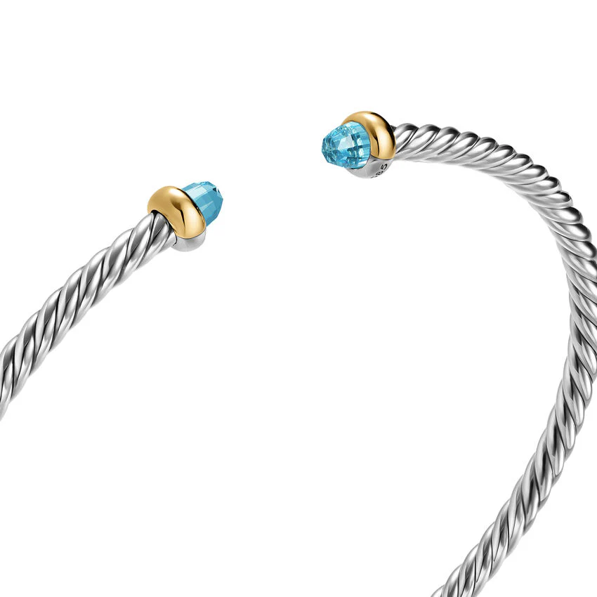 Micro Cable Flex Cuff in Sterling Silver with 14K Yellow Gold and Blue Topaz, 2.6mm, Size Small - Image 2