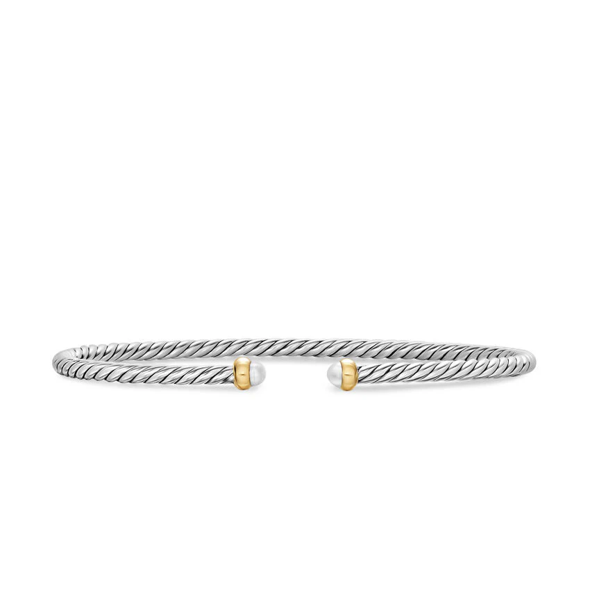 Micro Cable Flex Cuff in Sterling Silver with 14K Yellow Gold and Pearls, 2.6mm, Size Small
