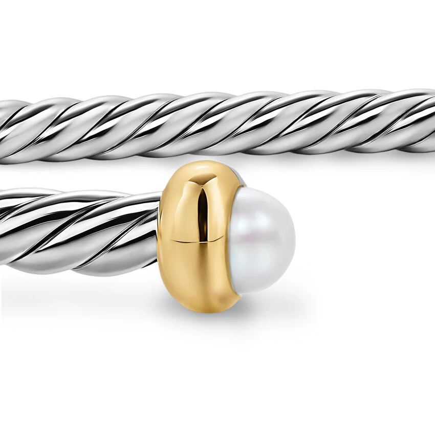 Micro Cable Flex Cuff in Sterling Silver with 14K Yellow Gold and Pearls, 2.6mm, Size Small - Image 3