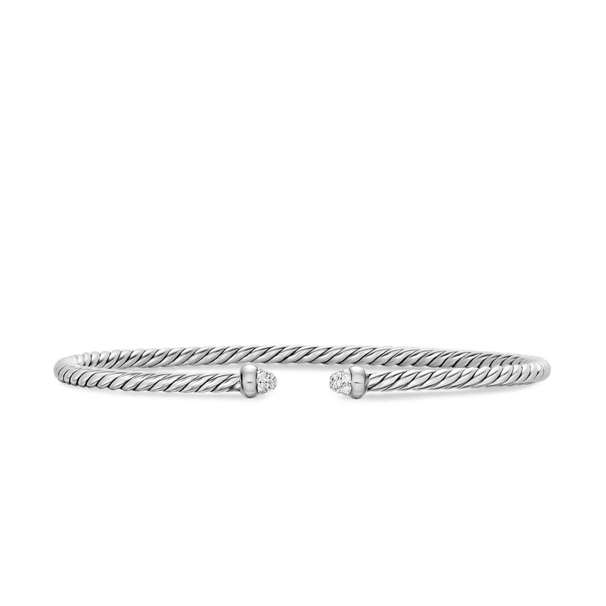 Micro Cable Flex Cuff in Sterling Silver with Diamonds, 2.6mm, Size Medium