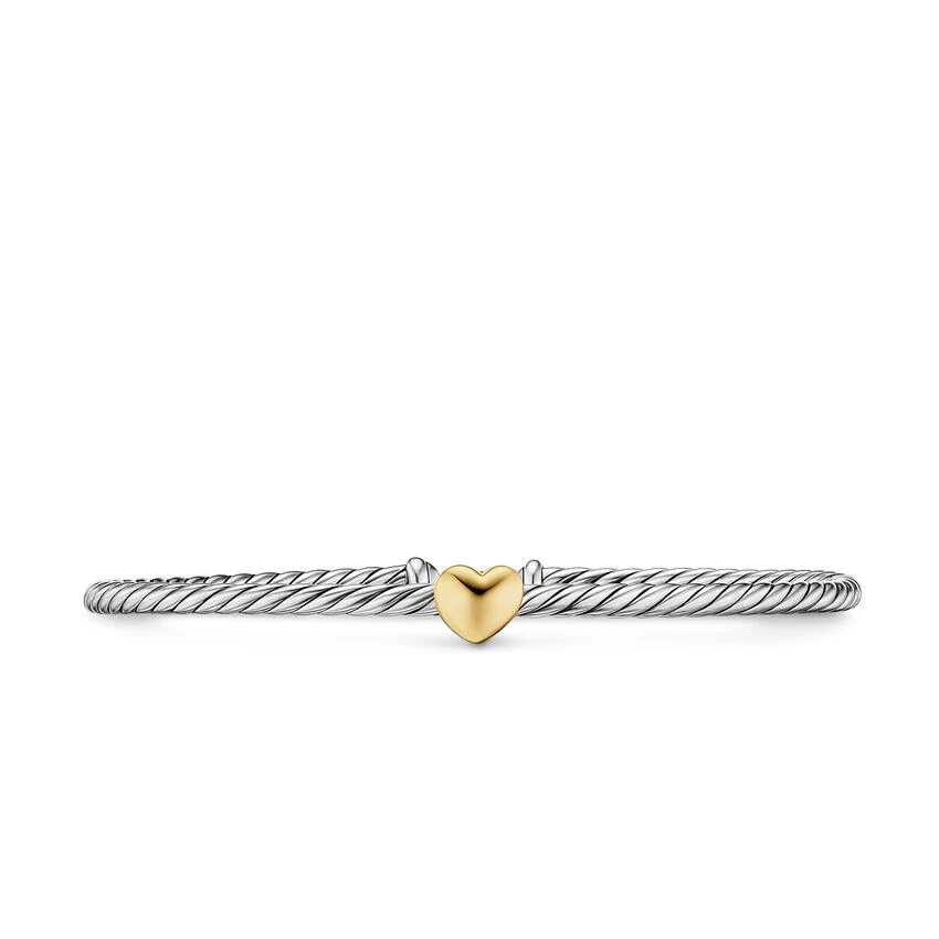 Micro Cable Flex Heart Station Cuff in Sterling Silver with 14K Yellow Gold, 2.6mm, Size Medium