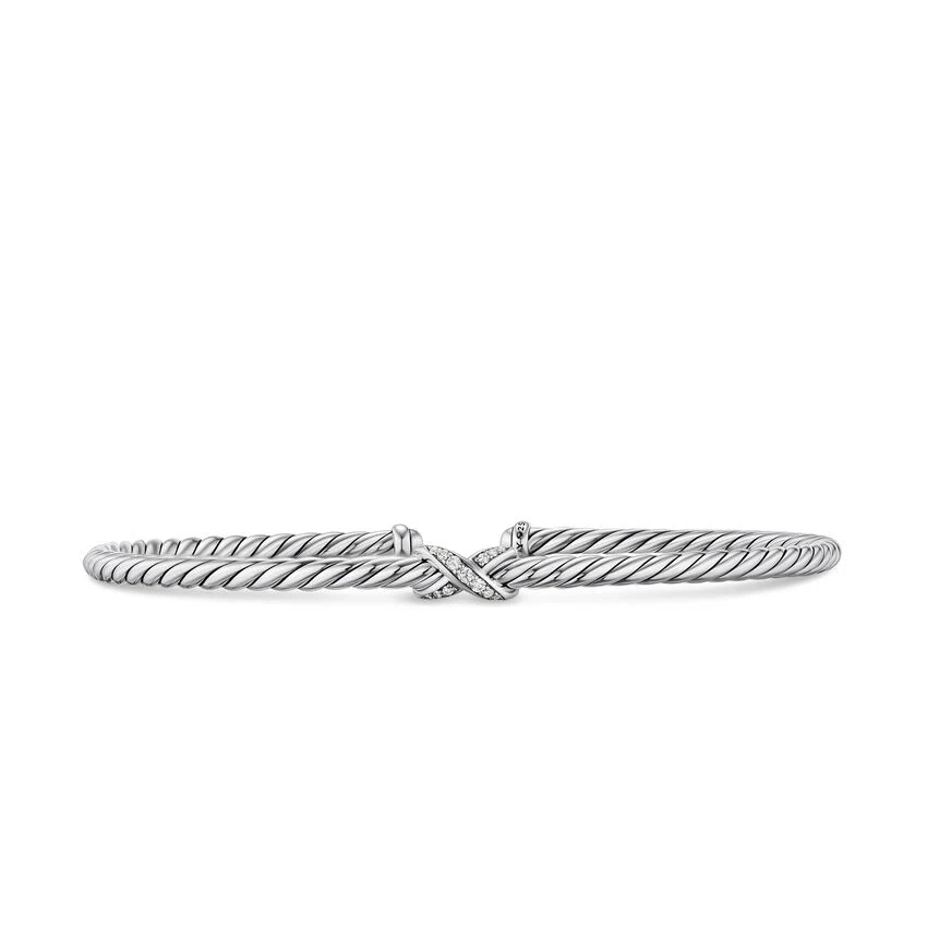 Micro Cable Flex Petite X Cuff in Sterling Silver with Diamonds, 2.6mm, Size Medium