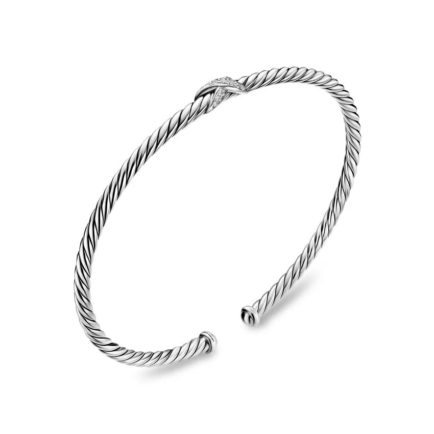 Micro Cable Flex Petite X Cuff in Sterling Silver with Diamonds, 2.6mm, Size Medium - Image 2