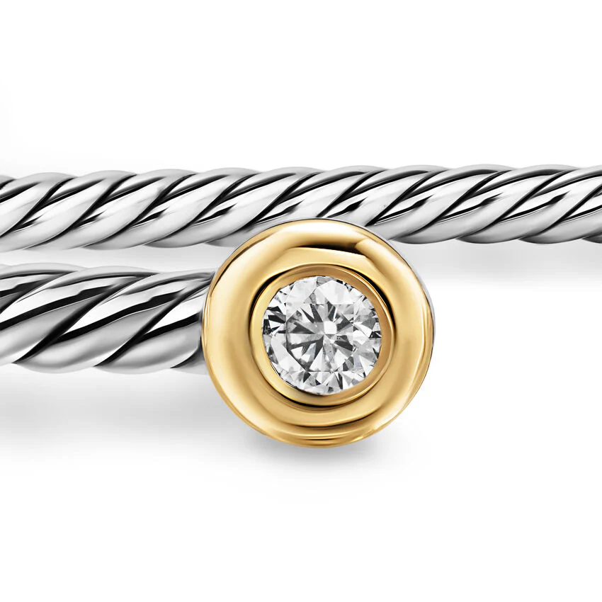 Micro Cable Flex Round Cuff in Sterling Silver with 14K Yellow Gold and Diamonds, 2.6mm, Size Medium - Image 3