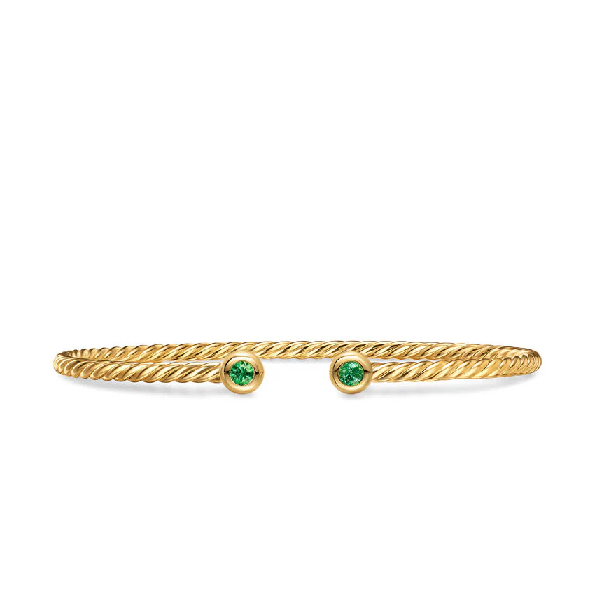 Micro Cablespira Flex Round Cuff in 18K Yellow Gold with Emeralds, 2.6mm, Size Large