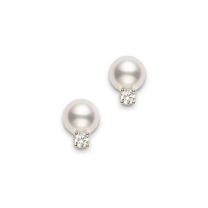 Mikimoto 6mm Akoya Pearl and Diamond Yellow Gold Stud Earrings