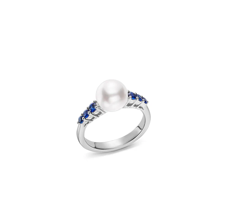 Mikimoto Morning Dew White Gold Akoya A+ Sapphire Ring