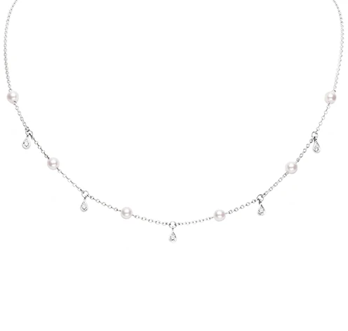 Mikimoto White Gold Akoya A+ Pearl Station and Diamond Dangle Necklace