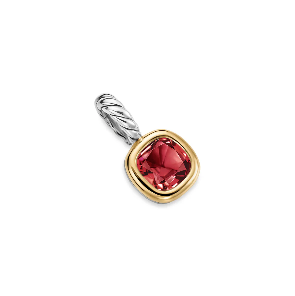 Mini Cushion Cut Amulet in Sterling Silver with 14K Yellow Gold and Rhodolite Garnet, 7.6mm