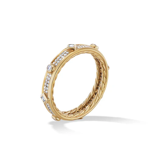 Modern Renaissance Band Ring in 18K Yellow Gold with Full Pavé Diamonds, Size 6 - Image 2