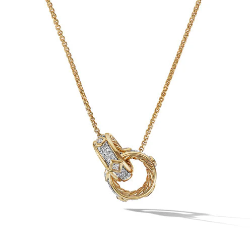 Modern Renaissance Double Pendant Necklace in 18K Yellow Gold with Full Pavé Diamonds - Image 3