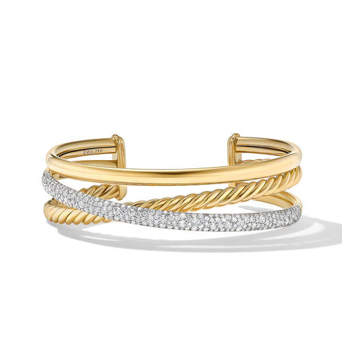 Pavé Crossover Three Row Cuff Bracelet in 18K Yellow Gold with Diamonds, Size Medium
