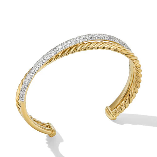 Pavé Crossover Two Row Cuff Bracelet in 18K Yellow Gold with Diamonds, Size Large - Image 2