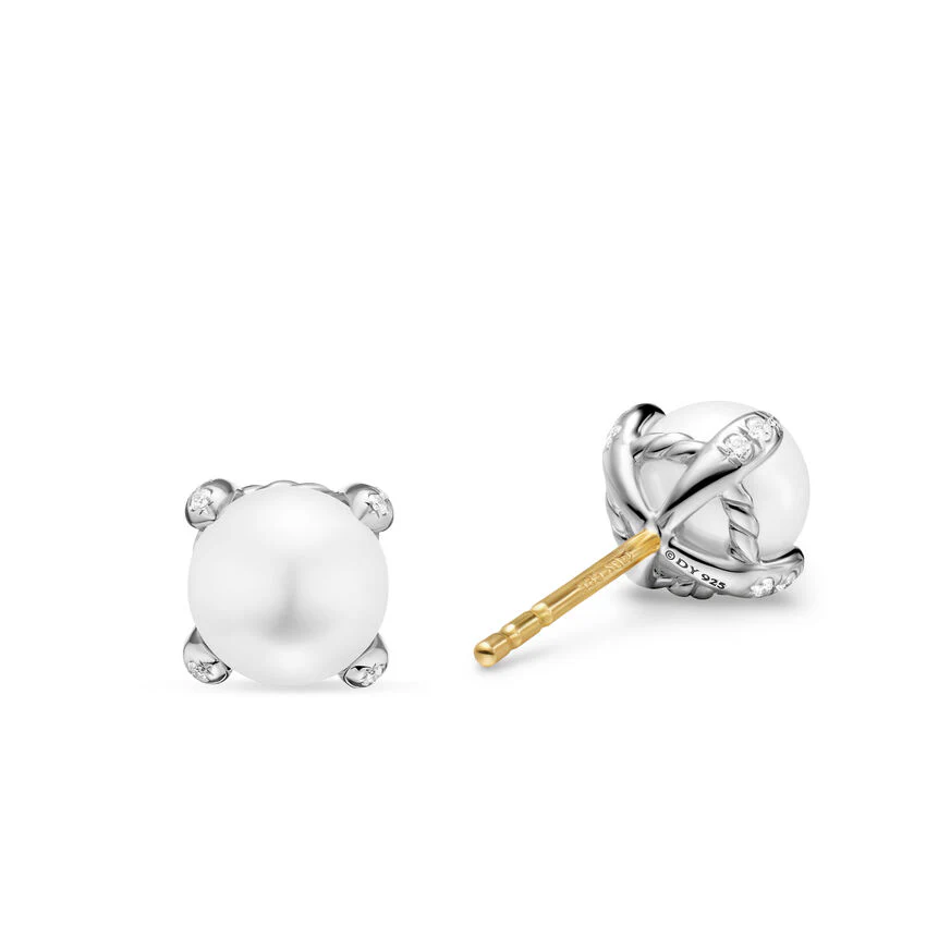 Pearl Classics Stud Earrings in Sterling Silver and Diamonds, 6.6mm - Image 2