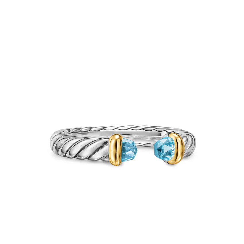 Petite Cable Open Ring in Sterling Silver with 14K Yellow Gold and Blue Topaz, 3.4mm, Size 6
