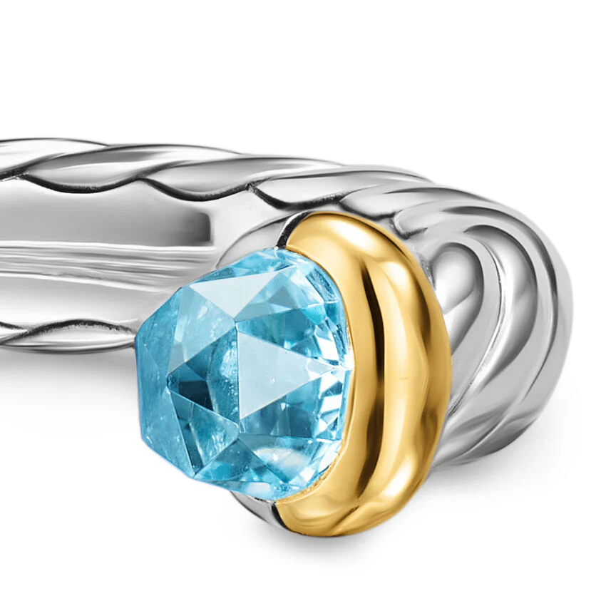 Petite Cable Open Ring in Sterling Silver with 14K Yellow Gold and Blue Topaz, 3.4mm, Size 6 - Image 2