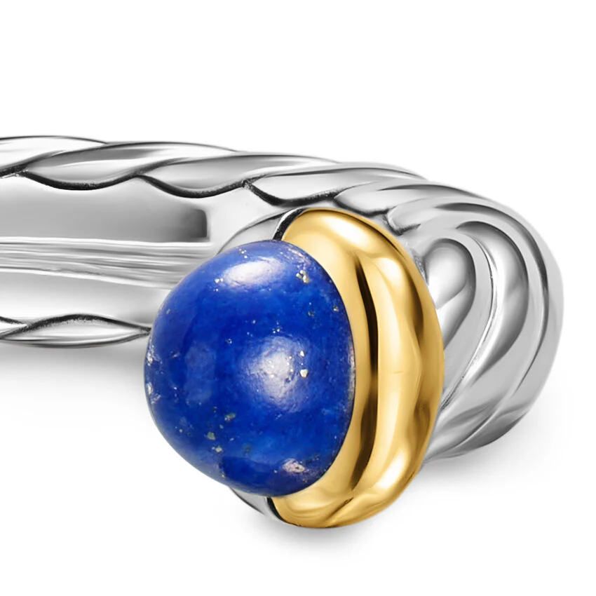 Petite Cable Open Ring in Sterling Silver with 14K Yellow Gold and Lapis, 3.4mm, Size 5 - Image 2