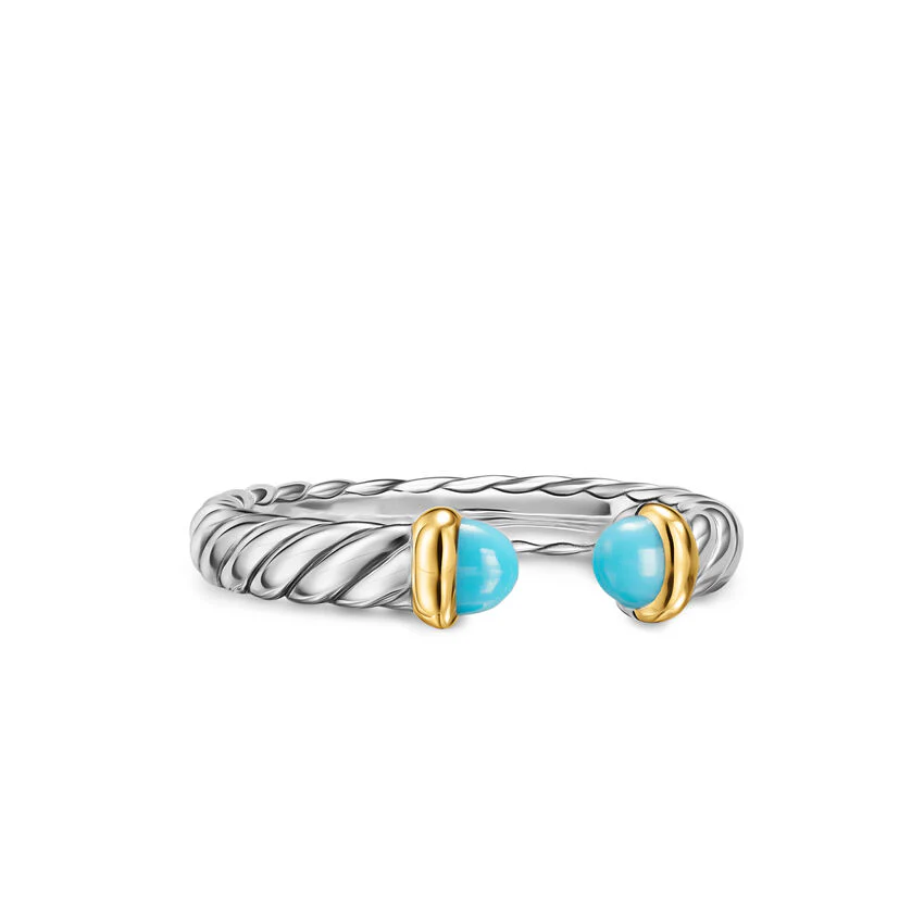 Petite Cable Open Ring in Sterling Silver with 14K Yellow Gold and Turquoise, 3.4mm, Size 6