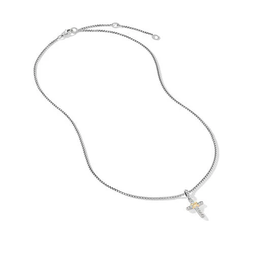 Petite Cross Necklace in Sterling Silver with 18K Yellow Gold with Diamonds - Image 2