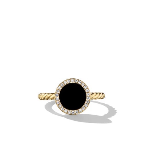 Petite DY Elements Ring in 18K Yellow Gold with Black Onyx and Pavé Diamonds, Size 6
