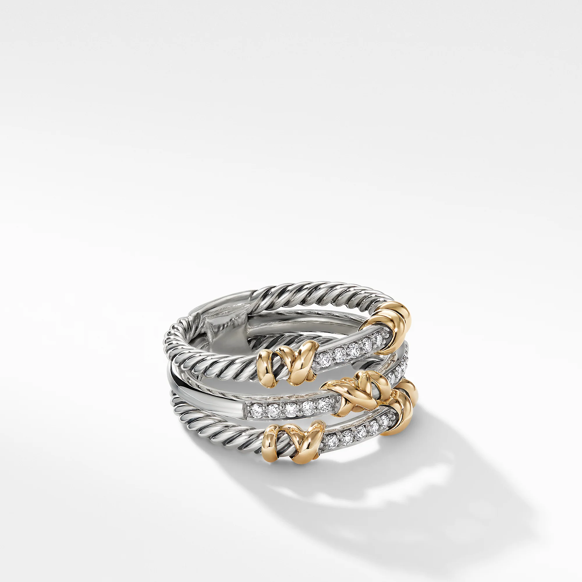 Petite Helena Three Row Ring in Sterling Silver and 18K Yellow Gold with Diamonds, Size 7
