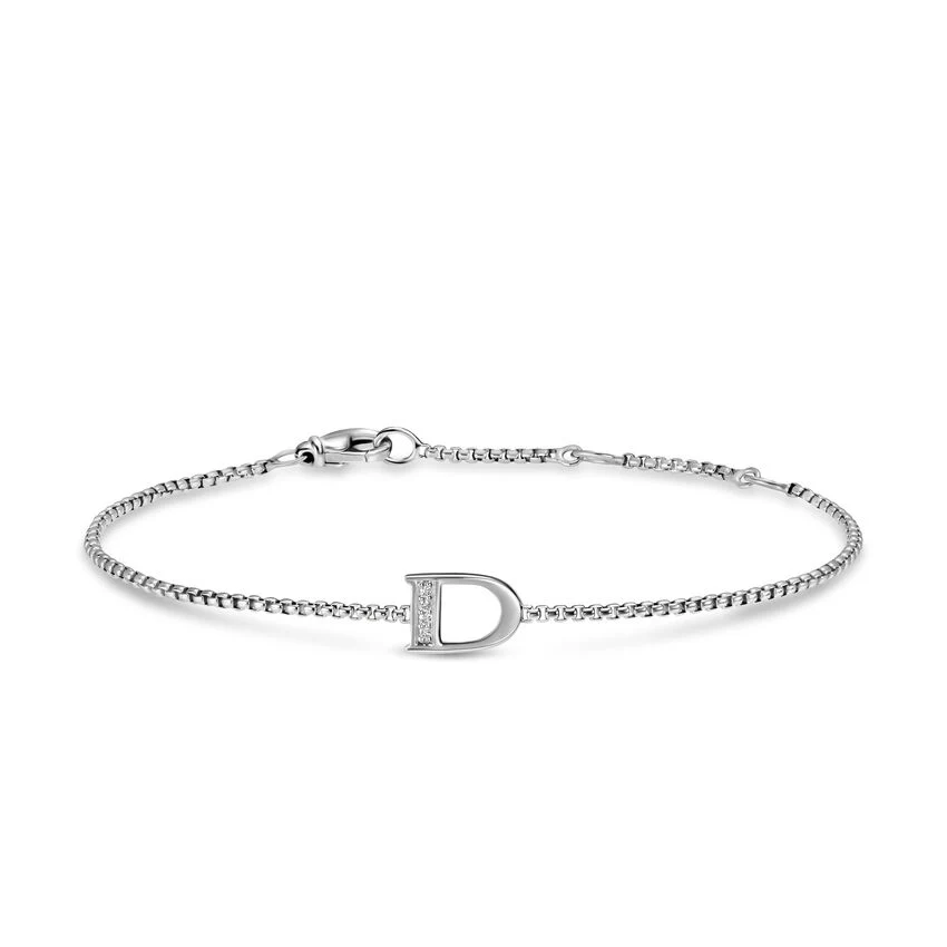 Petite Initial Chain Bracelet in Sterling Silver with Diamond D