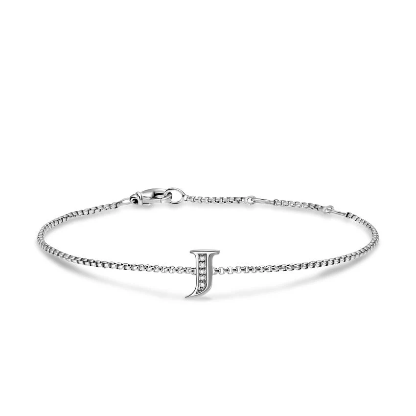 Petite Initial Chain Bracelet in Sterling Silver with Diamond J