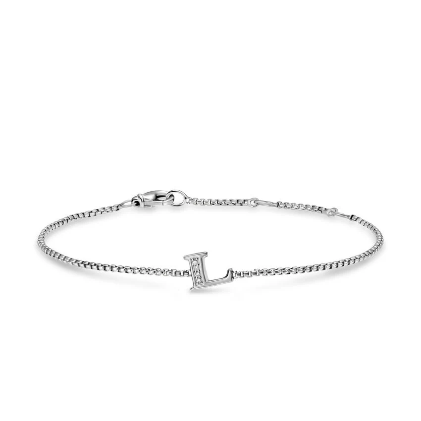 Petite Initial Chain Bracelet in Sterling Silver with Diamond L