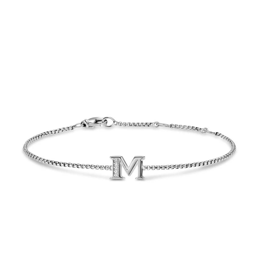 Petite Initial Chain Bracelet in Sterling Silver with Diamond M