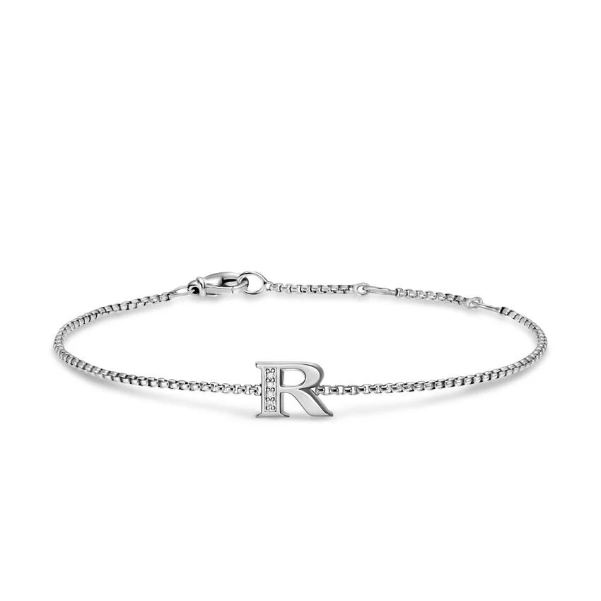 Petite Initial Chain Bracelet in Sterling Silver with Diamond R