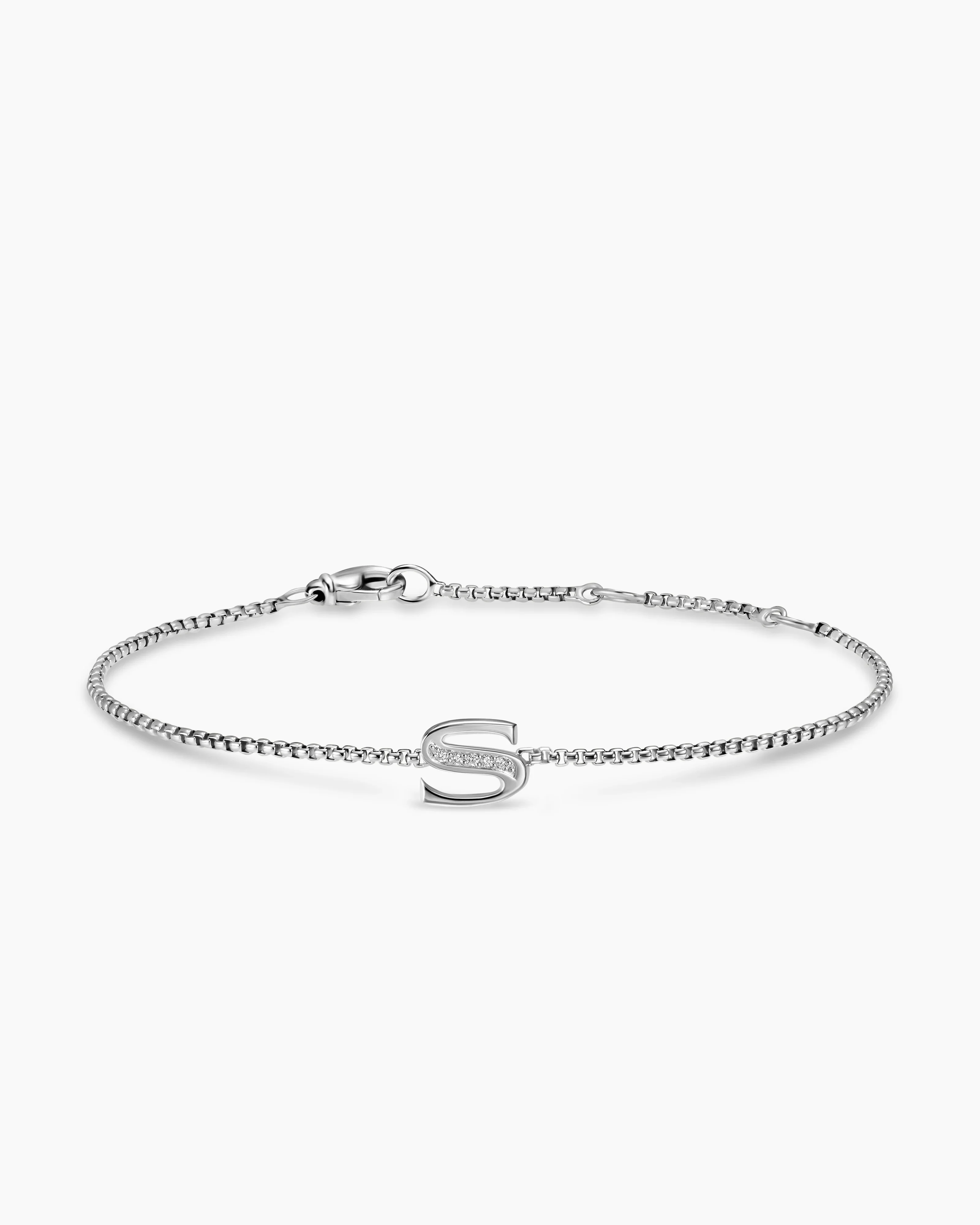 Petite Initial Chain Bracelet in Sterling Silver with Diamond S