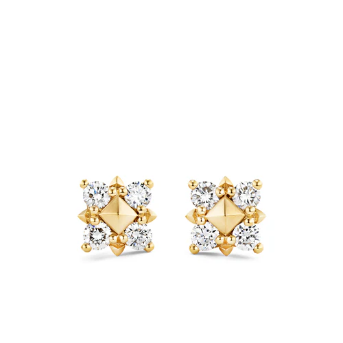 Petite Modern Renaissance Pyramid Stud Earrings in 18K Yellow Gold with Diamonds, 8mm