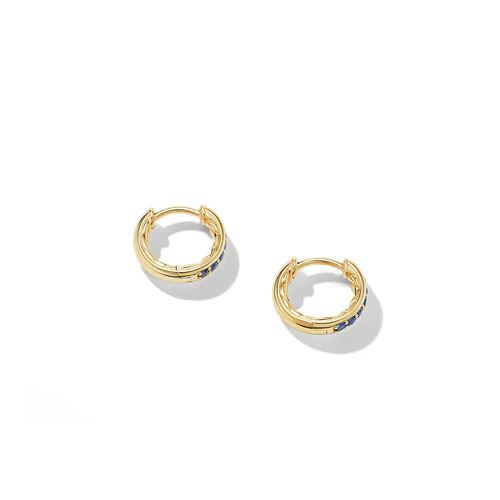 Petite Pavé Huggie Hoop Earrings in 18K Yellow Gold with Blue Sapphires, 12mm - Image 2