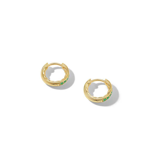 Petite Pavé Huggie Hoop Earrings in 18K Yellow Gold with Emeralds, 12mm - Image 2