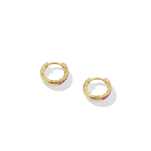 Petite Pavé Huggie Hoop Earrings in 18K Yellow Gold with Rubies, 12mm - Image 2