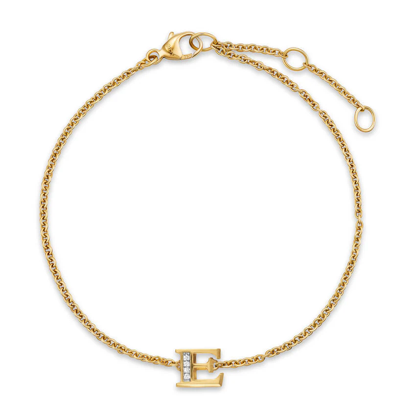 Petite Pavé Initial Chain Bracelet in 18K Yellow Gold with Diamond E - Image 2