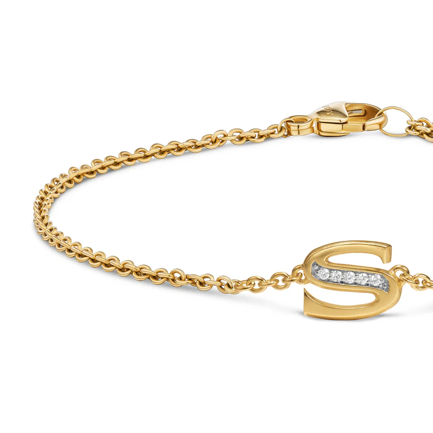 Petite Pavé Initial Chain Bracelet in 18K Yellow Gold with Diamond S - Image 4