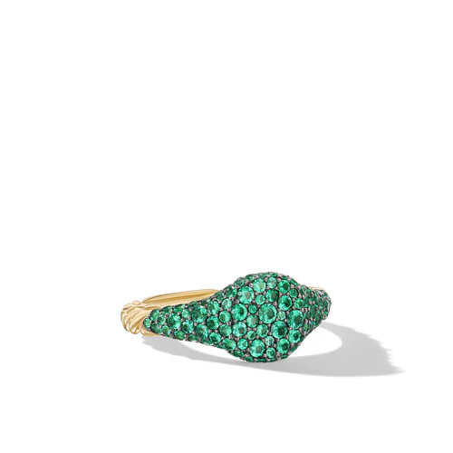 Petite Pavé Pinky Ring in 18K Yellow Gold with Emeralds, Size 4