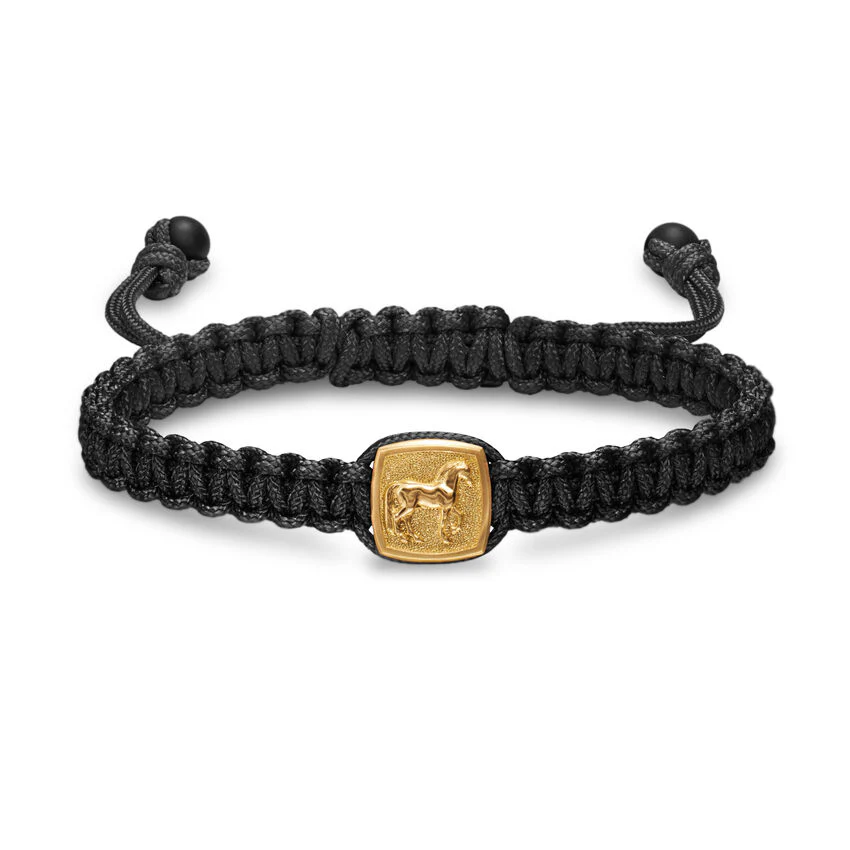 Petrvs Horse Black Nylon Woven Station Bracelet in 18K Yellow Gold with Black Onyx, 11.9mm, Size Medium