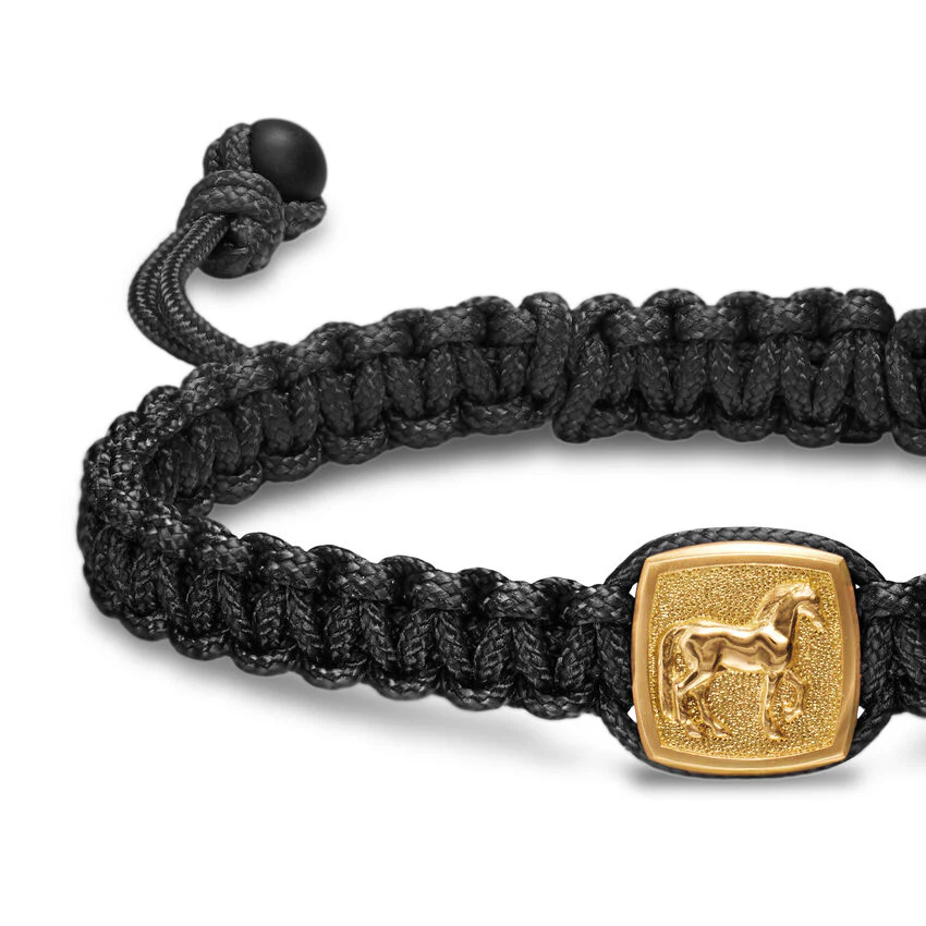 Petrvs Horse Black Nylon Woven Station Bracelet in 18K Yellow Gold with Black Onyx, 11.9mm, Size Medium - Image 3
