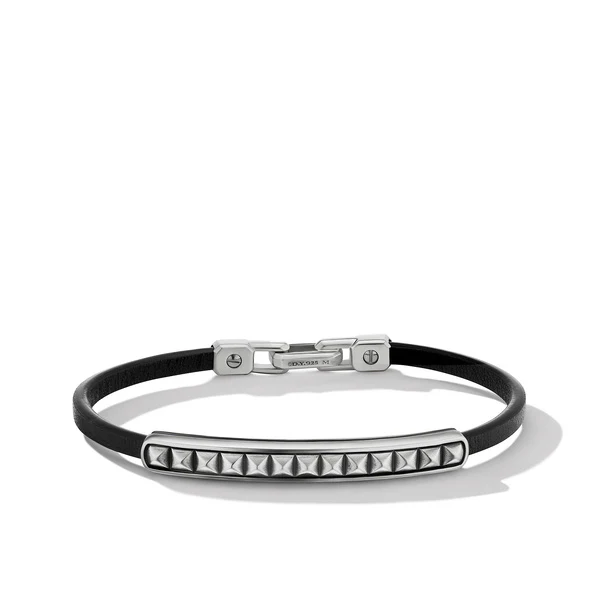 Pyramid Black Leather ID Bracelet, Size Medium