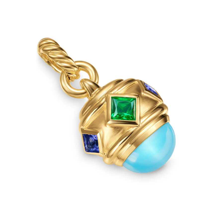 Renaissance Amulet in 18K Yellow Gold with Turquoise, Tsavorite and Tanzanite, 29mm