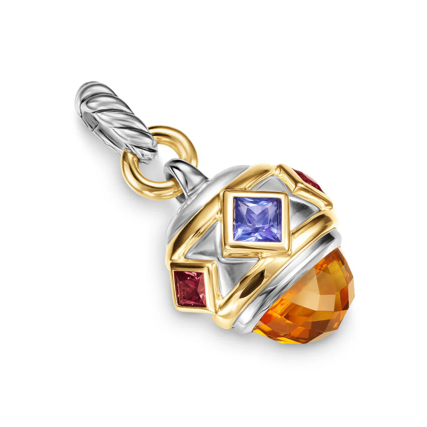 Renaissance Amulet in Sterling Silver with 14K Yellow Gold, Madeira Citrine, Tanzanite and Rhodolite Garnet, 29mm